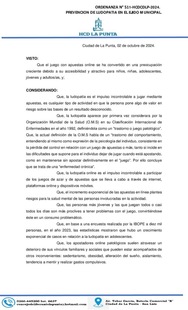 thumbnail of ORDENANZA N° 511. PREVENCION DE LA LUDOPATIA EN EL EJIDO MUNICIPAL