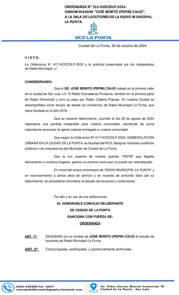 thumbnail of ORDENANZA N° 512. DENOMINACION JOSÉ BENITO (PEPIN) CALIO