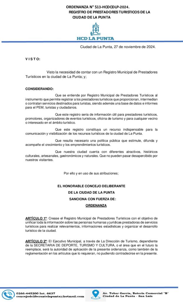 thumbnail of ORDENANZA N° 513. REGISTRO MUNICIPAL DE PRESTADORES TURISTICOS