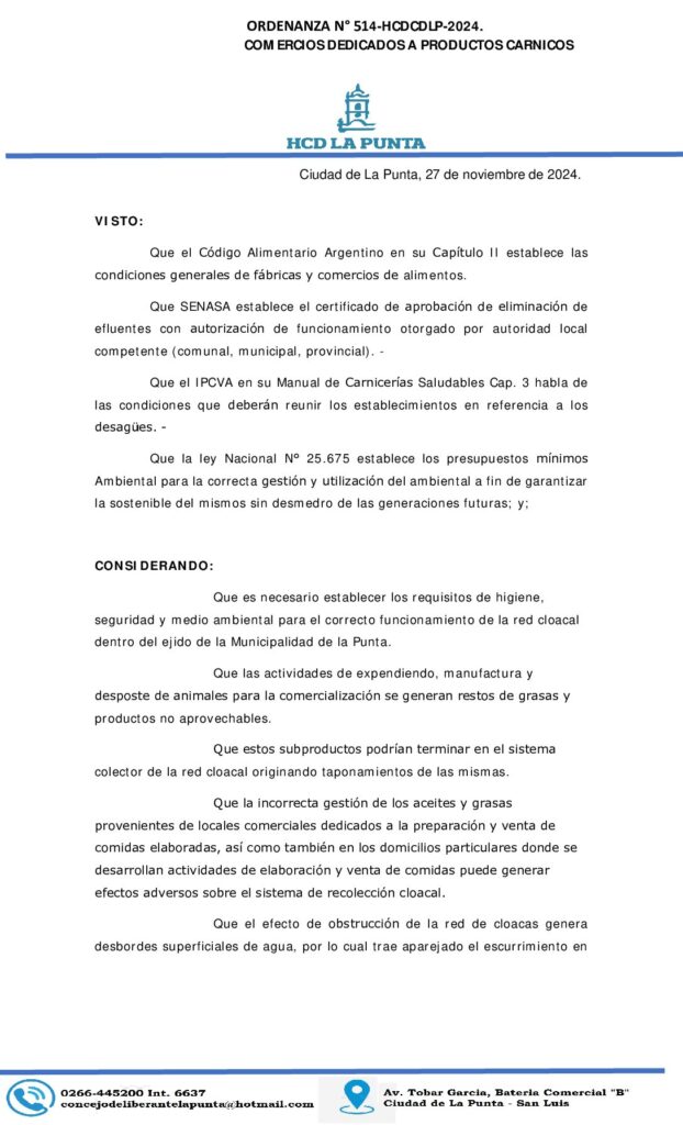 thumbnail of ORDENANZA N° 514. COMERCIOS DEDICADOS A PRODUCTOS CARNICOS