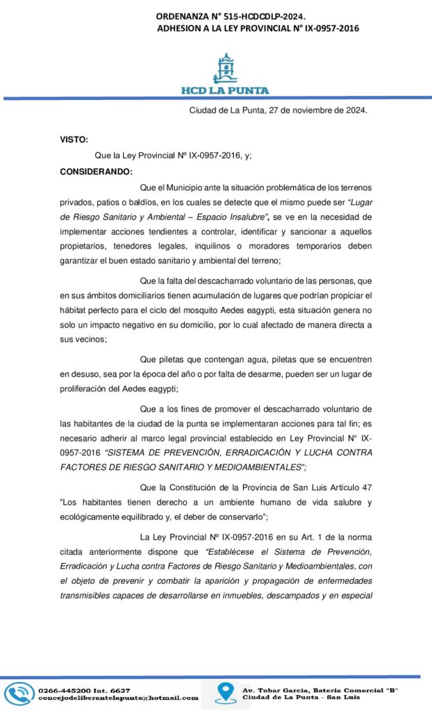 thumbnail of ORDENANZA N° 515. ADHESION A LA LEY PROVINCIAL N° IX-0957-2016