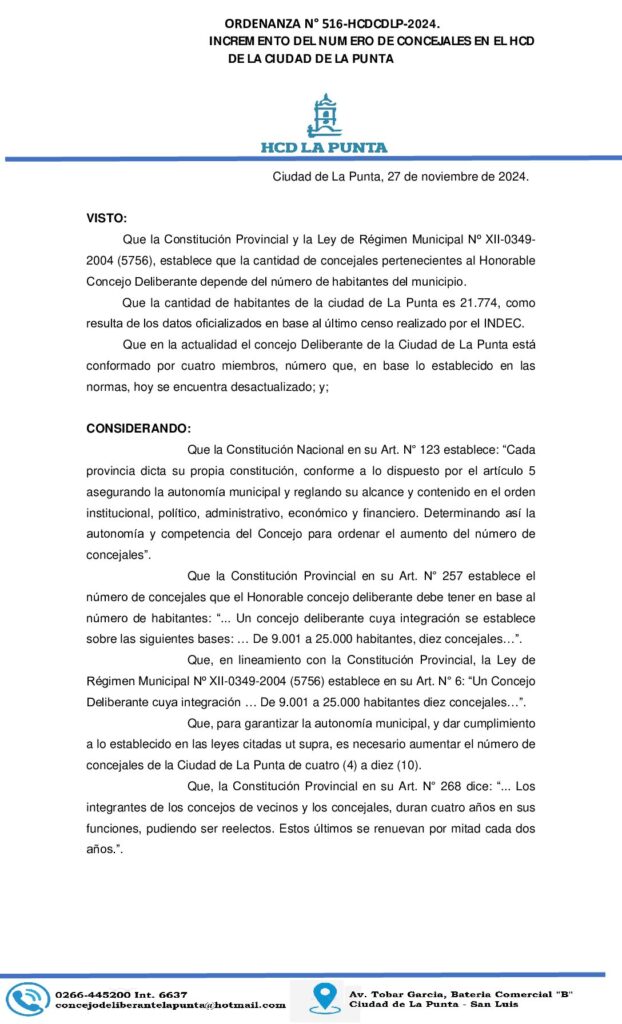thumbnail of ORDENANZA N° 516. INCREMENTO DEL NUMERO DE CONCEJALES EN EL HCD