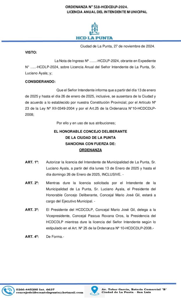 thumbnail of ORDENANZA N° 517. DENOMINACION PADRE MAURO GUILLERMO QUEVEDO