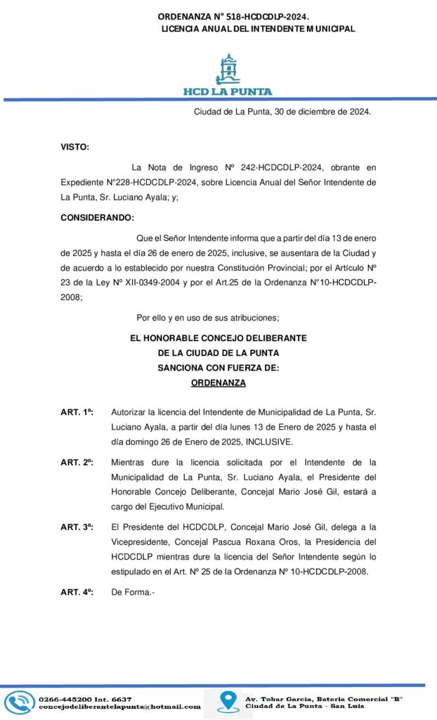 thumbnail of ORDENANZA N° 518- LICENCIA INTENDENTE MUC