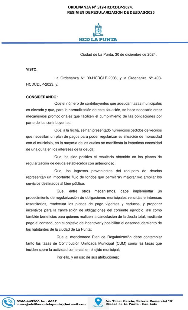 thumbnail of ORDENANZA N° 519-REGIMEN DE REGULARIZACIION DEUDAS 2025