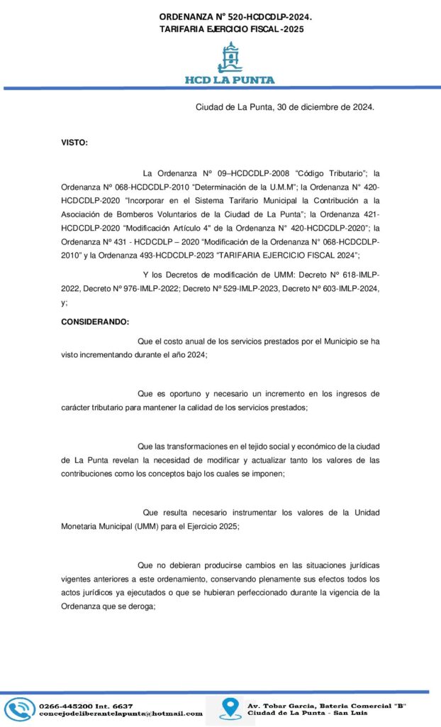 thumbnail of ORDENANZA N° 520-TARIFARIA EJERCICIO FISCAL-2025