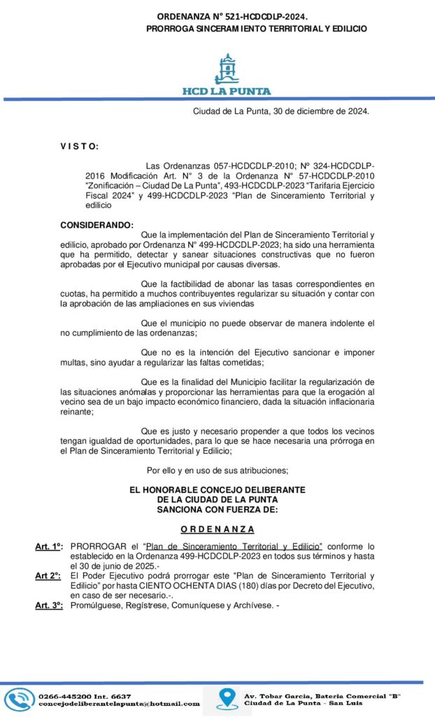 thumbnail of ORDENANZA N° 521- PRORROGA DE SINCERAMIENTO TERRITORIAL