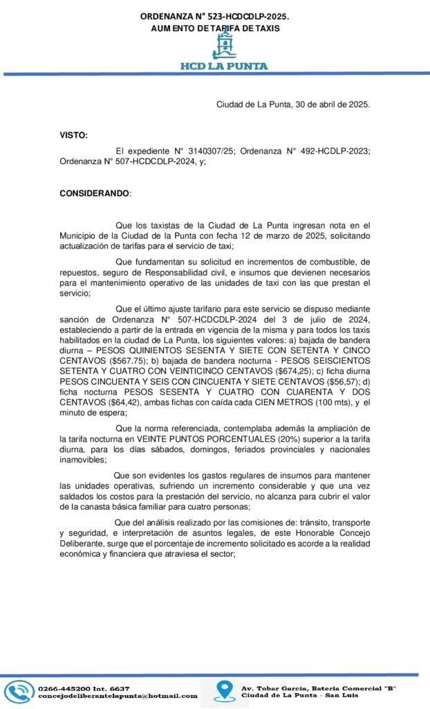 thumbnail of ORDENANZA N° 523- TARIFA AUMENTO TAXI