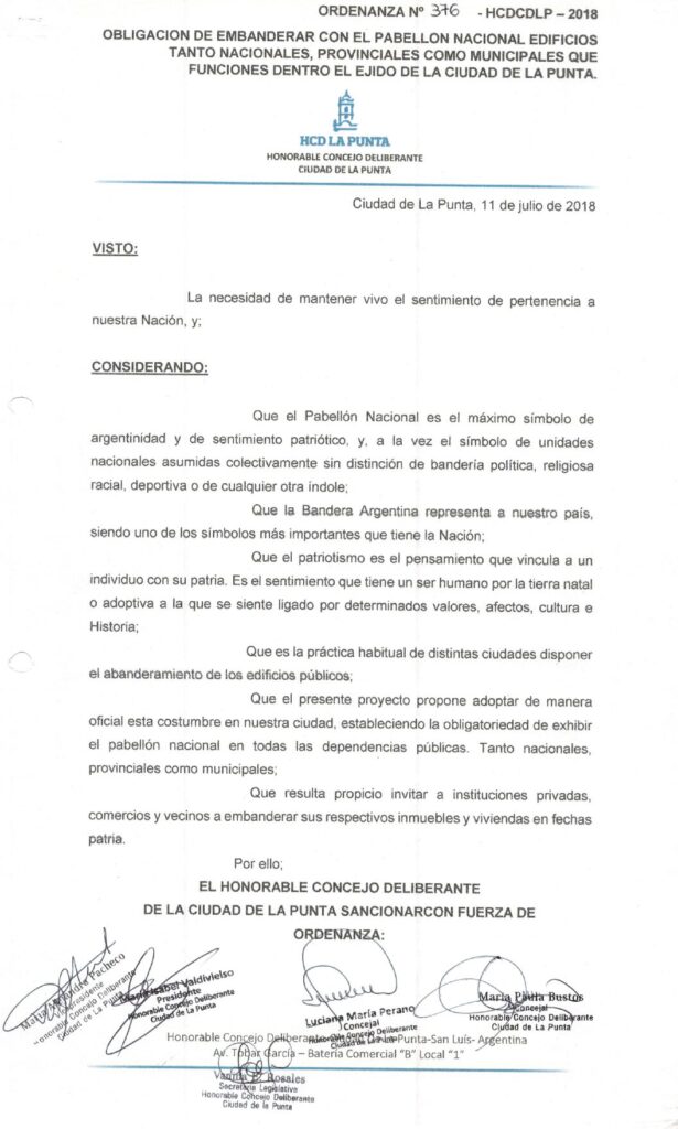 thumbnail of ORDENANZA N°376 OBLIGACION DE EMBANDERAR CON EL PABELLON NACIONAL EDIFICIOS TANTO NACIONALES, PROVINCIALES COMO MUNICIPALES QUE FUNCIONEN DENTRO DEL EJIDO DE LA CIUDAD DE LA PUNTA