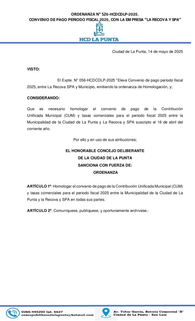 thumbnail of ORDENANZA N°526- CONVENIO DE PAGO PERIODO FISCAL 2025 CON LA EMPRESA LA RECOVA Y SPA