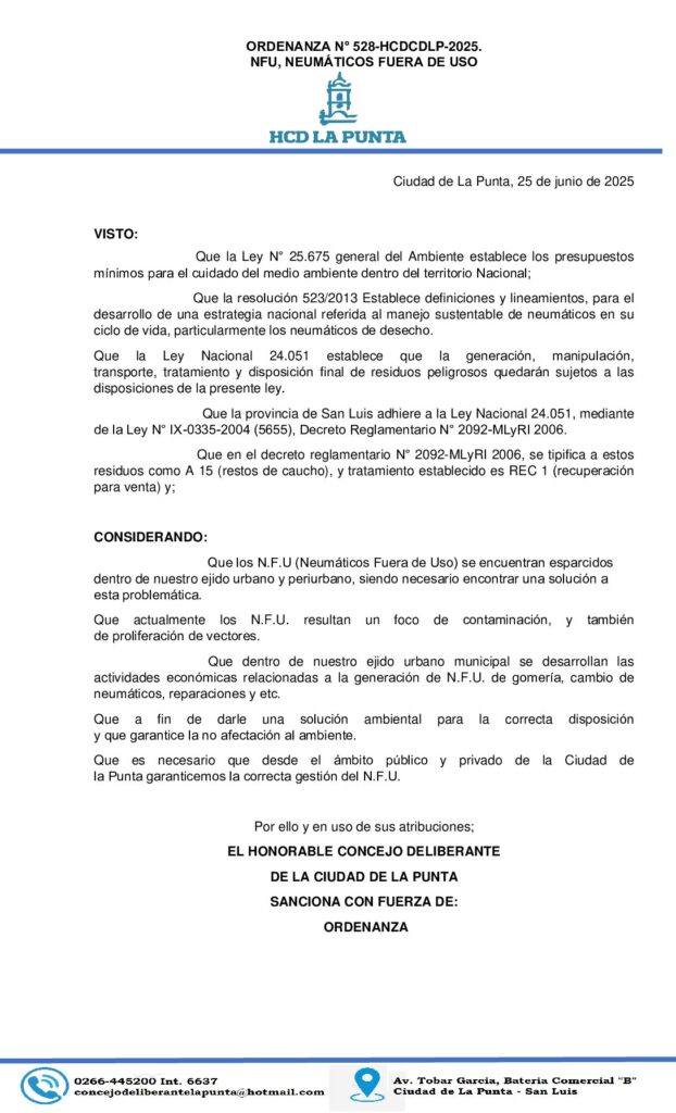 thumbnail of ORDENANZA N°528- PROYECTO DE ORDENANZA, NFU NEUMÁTICOS FUERA DE USO.