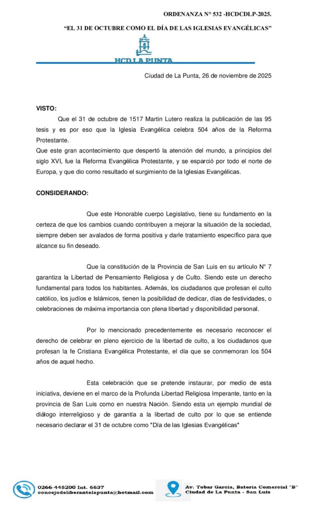 thumbnail of ORDENANZA N°532 -EL 31 DE OCTUBRE COMO EL DÍA DE LAS IGLESIAS EVANGÉLICAS
