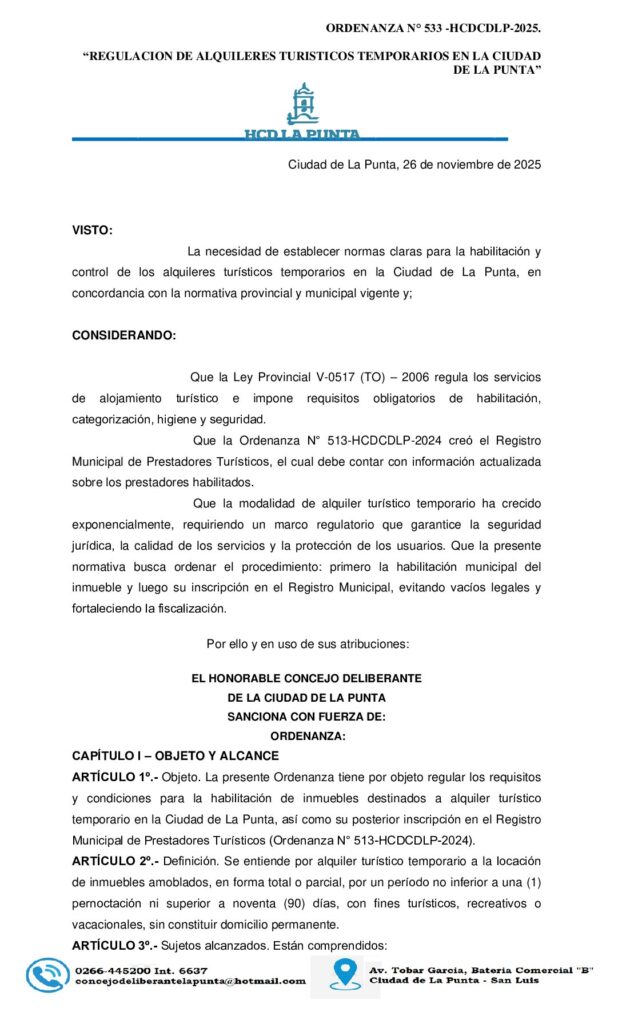 thumbnail of ORDENANZA N°533 -REGULACION DE ALQUILERES TURISTICOS TEMPORARIOS EN LA CIUDAD DE LA PUNTA”