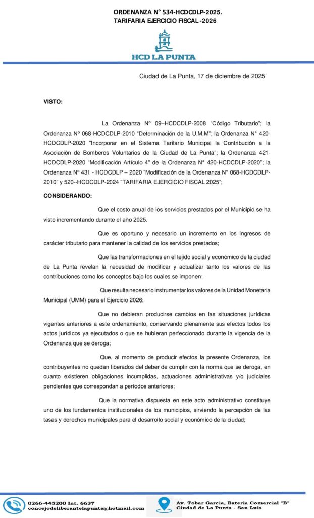 thumbnail of ORDENANZA N°534-TARIFARIA EJERCICIO FISCAL-2026