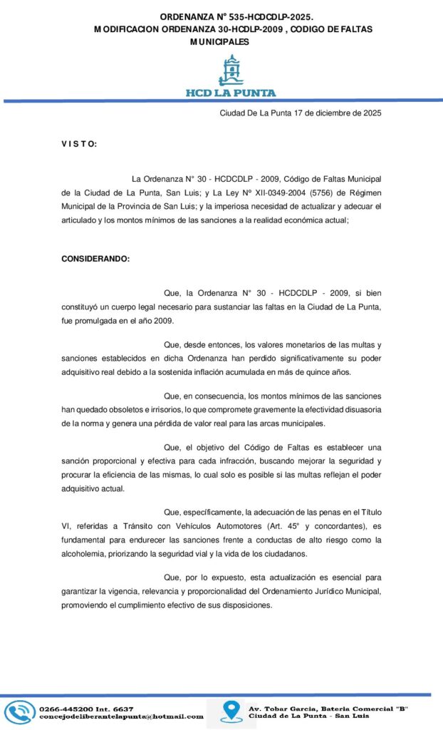thumbnail of ORDENANZA N°535-MODIFICACION ORDENANZA N°30 HCDCDLP-2009,CODIGO DE FALTAS MUNICIPAL