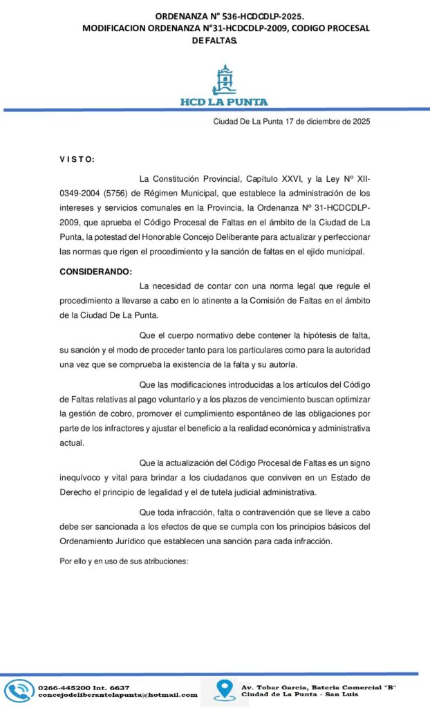 thumbnail of ORDENANZA N°536-MODIFICACION DE ORDENANZA N°31 HCDCDLP- 2009 CODIGO PROCESAL DE FALTAS