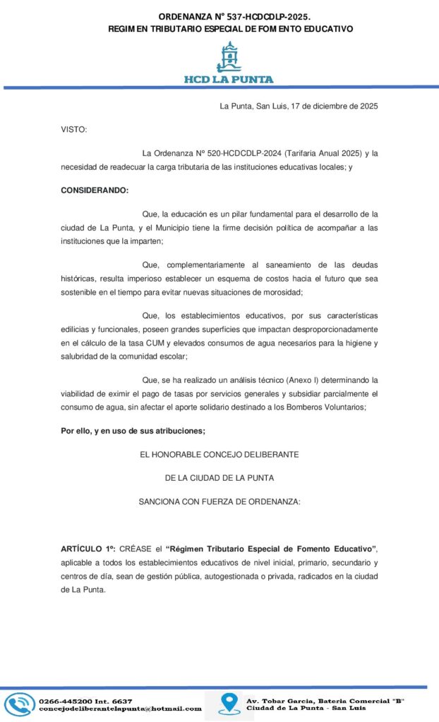 thumbnail of ORDENANZA N°537 -REGIMEN TRIBUTARIO ESPECIAL DE FOMENTO EDUCATIVO.