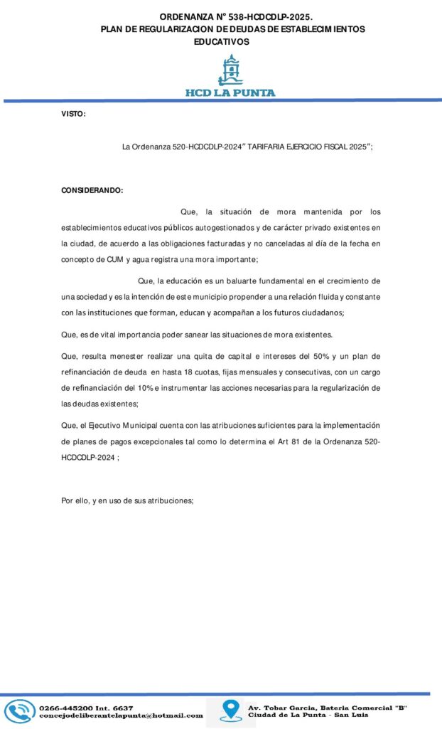 thumbnail of ORDENANZA N°538-PLAN DE REGULARIZACION DE DEUDAS DE ESTABLECIMIENTOS EDUCATIVOS