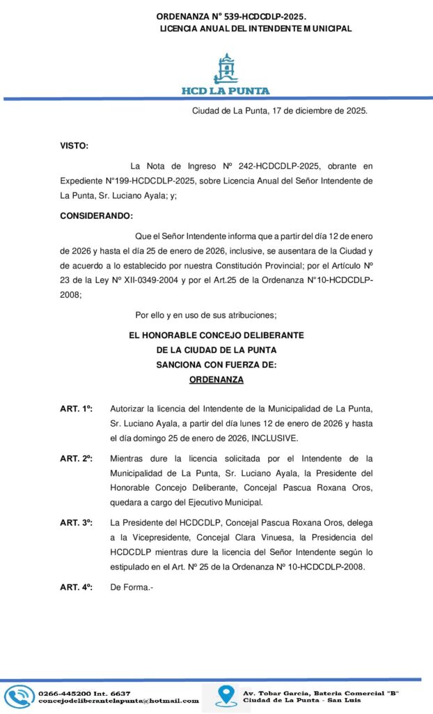 thumbnail of ORDENANZA N°539- LICENCIA INTENDENTE MUC
