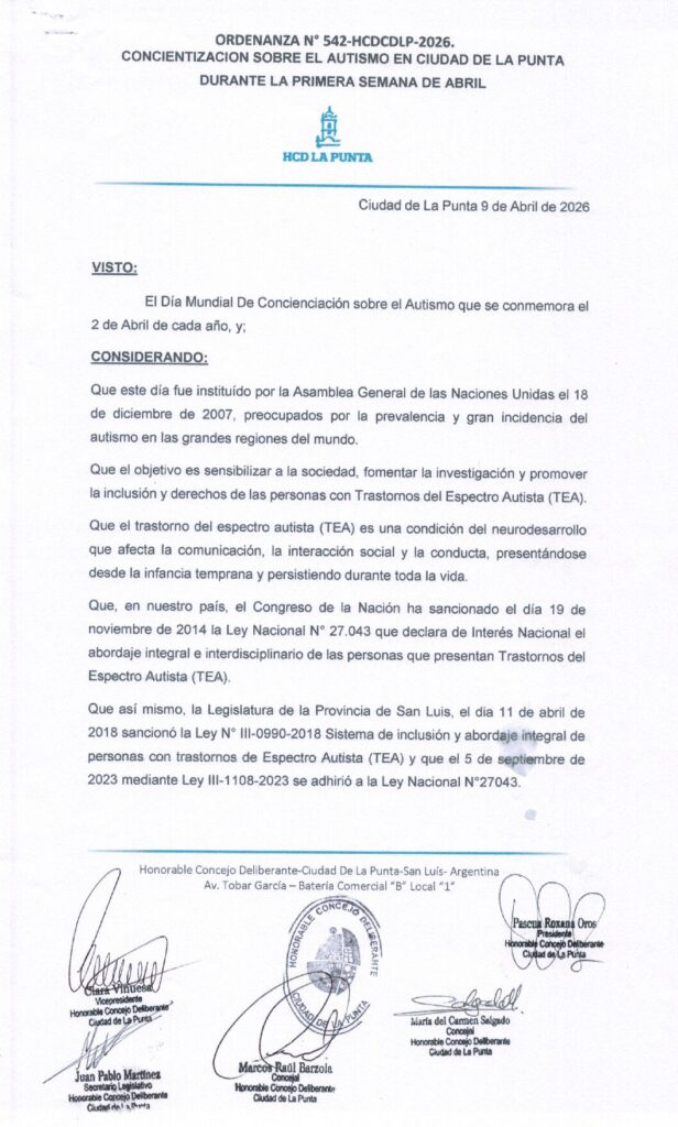 thumbnail of ORDENANZA N°542 CONCIENTIZACION SOBRE EL AUTISMO EN CIUDAD DE LA PUNTA DURANTE LA PRIMERA SEMANA DE ABRIL.