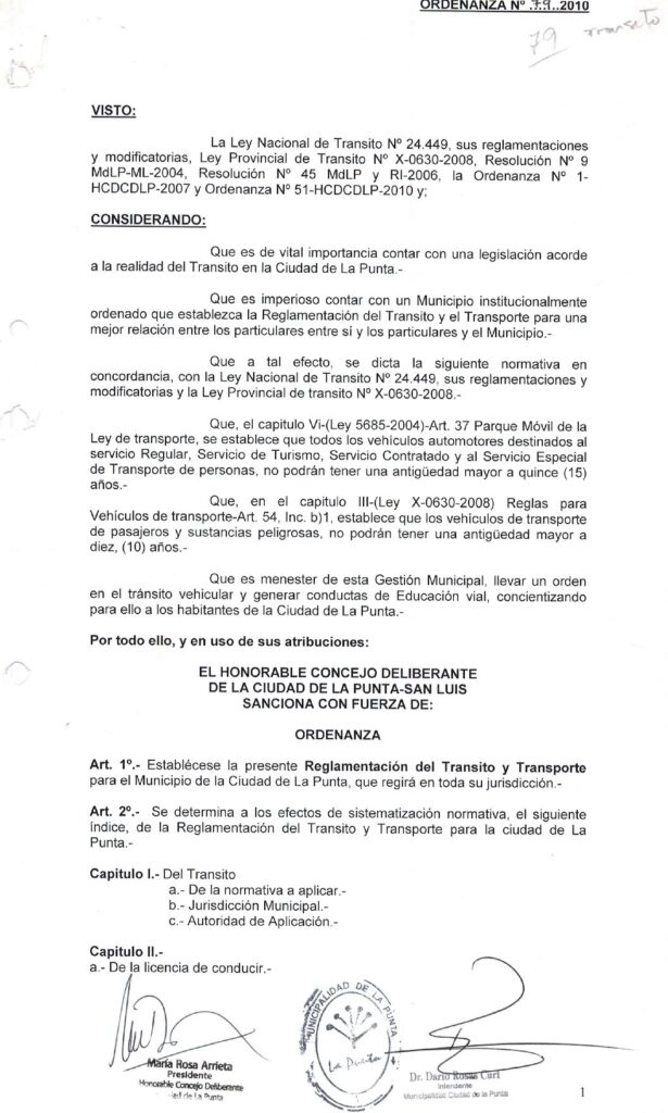 thumbnail of ORDENANZA N°79 REGLAMENTACION TRANSITO Y TRANSPORTE