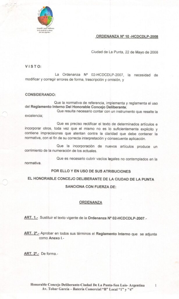 thumbnail of ORDENANZA N°10-VIGENTE- HCDCDLP-2008 REGLAMENTO INTERNO HCD