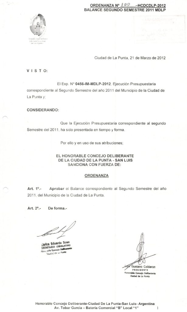 thumbnail of ORDENANZA N°100-NO VIGENTE-HCDCDLP-2012- BALANCE SEGUNDO SEMESTRE 2011 MDLP