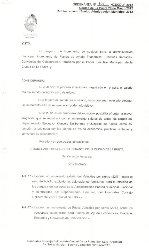 thumbnail of ORDENANZA N°101-NO VIGENTE-HCDCDLP-2012- Ref. INCEMENTO SUELDO ADMINISTRACION MUNICIPAL-2012