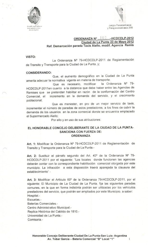 thumbnail of ORDENANZA N°102-NO VIGENTE-HCDCDLP-2012- Ref. DEMARCACION PARADA TAXIS AIELLO, MODIF.AGENCIA REMIS