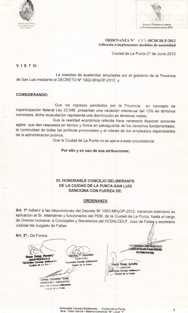 thumbnail of ORDENANZA N°104-NO VIGENTE- HCDCDLP-2012- ADHESION IMPLEMENTAR MEDIDAS DE AUSTERIDAD