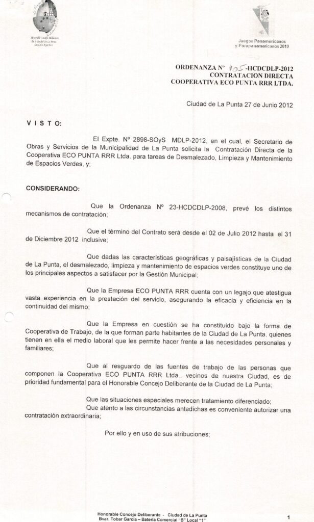thumbnail of ORDENANZA N°105-NO VIGENTE-HCDCDLP-2012- CONTRATACION DIRECTA COOPERATIVA ECO PUNTA RRR LTDA.