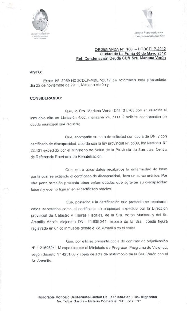 thumbnail of ORDENANZA N°106-VIGENTE-HCDCDLP-2012- Ref.CONDONACION DEUDA CUM Sra. MARIANA VERON