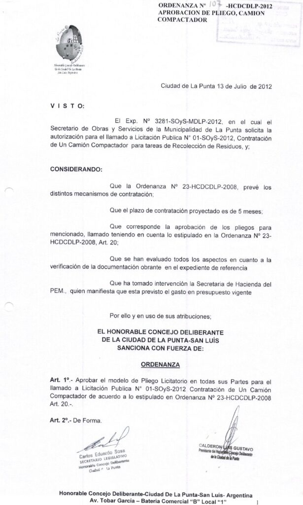thumbnail of ORDENANZA N°107 -NO VIGENTE-HCDCDLP-2012-APROBACION DE PLIEGO, CAMION COMPACTADOR
