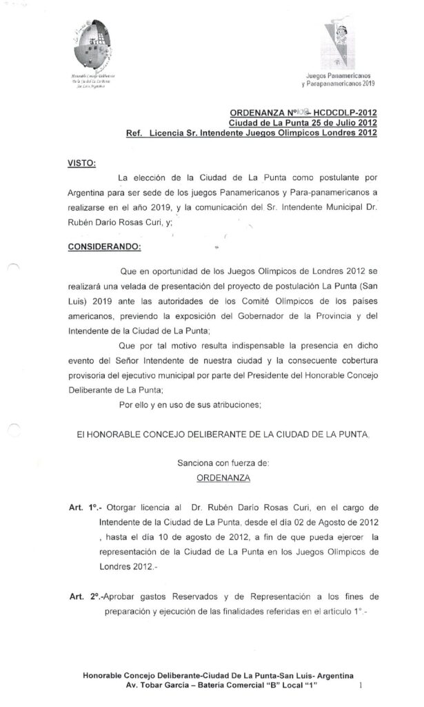 thumbnail of ORDENANZA N°108-NO VIGENTE-HCDCDLP-2012- Ref.LICENCIA SR. INTENDENTE JUEGOS OLIMPICOS LONDRES 2012