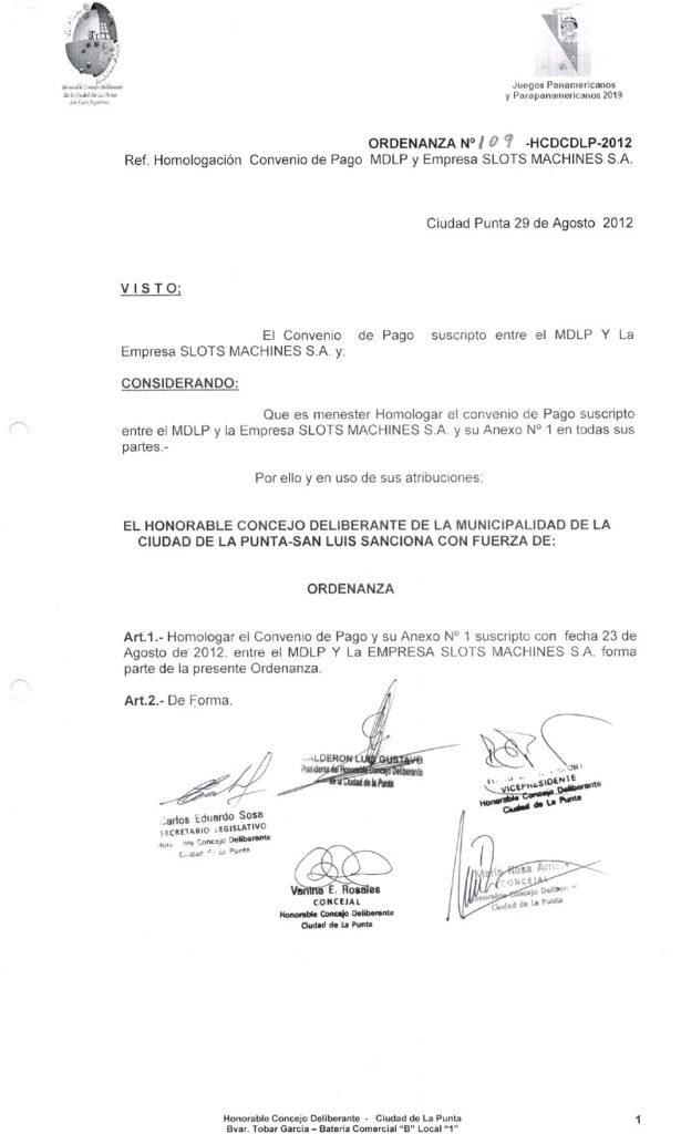 thumbnail of ORDENANZA N°109-NO VIGENTE-HCDCDLP-2012- Ref. HOMOLOGACION CONVENIO DE PAGO MDLP Y EMPRESA SLOTS MACHINES S.A.