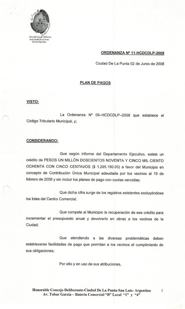 thumbnail of ORDENANZA N°11-NO VIGENTE- HCDCDLP-2008 PLAZO FACILIDAD DE PAGO CANCELACION DE DEUDAS CUM