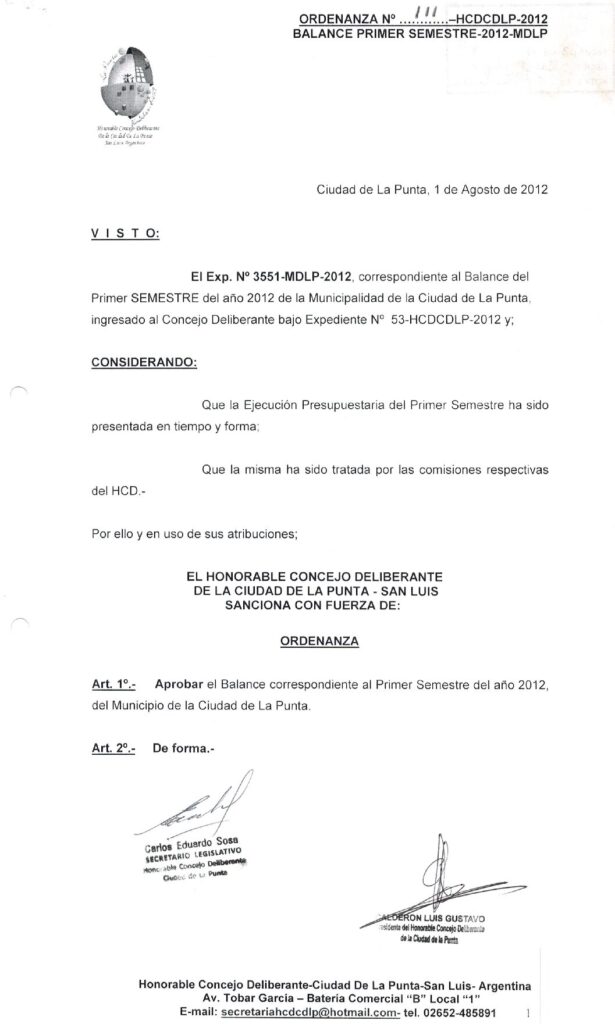 thumbnail of ORDENANZA N°111-NO VIGENTE-HCDCDLP-2012- BALANCE PRIMER SEMESTRE-2012-MDLP