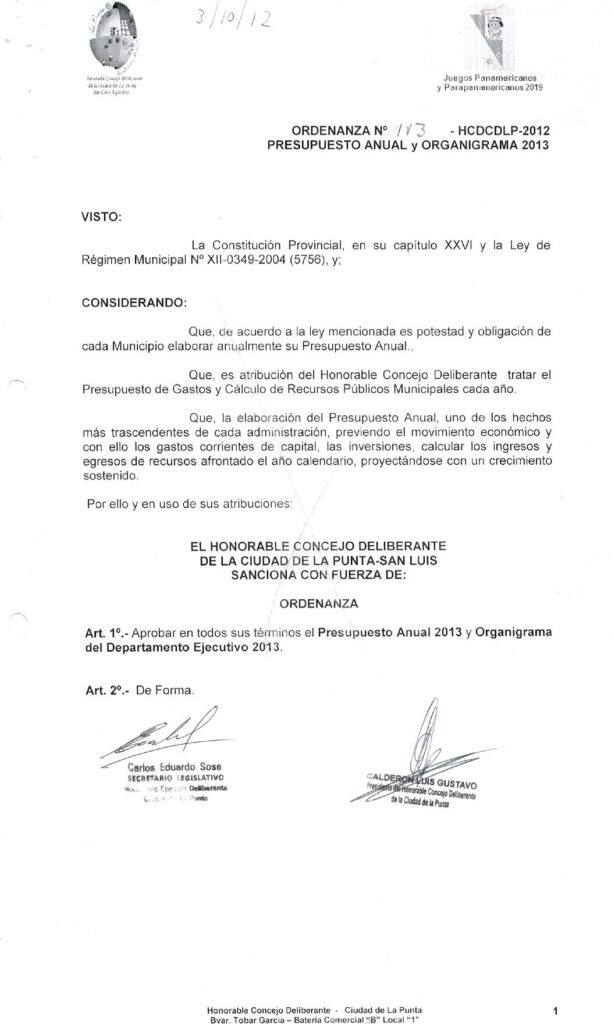 thumbnail of ORDENANZA N°113 -NO VIGENTE-HCDCHDLP-2012-PRESUPUESTO ANUAL Y ORGANIGRAMA 2013