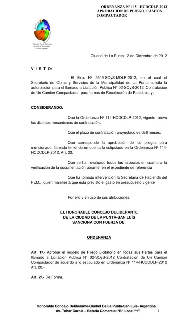 thumbnail of ORDENANZA N°115-NO VIGENTE-HCDCDLP-2012- PLIEGO LICITACION PUBLICA Nº2 -SOyS- 2012-CAMION COMPACTADOR
