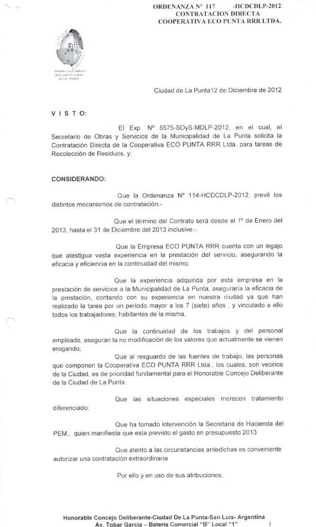 thumbnail of ORDENANZA N°117-NO VIGENTE-HCDCDLP-2012- CONTRATACION DIRECTA COOPERATIVA ECO PUNTA RRR LTDA.