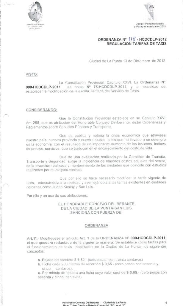 thumbnail of ORDENANZA N°118-NO VIGENTE-HCDCDLP-2012- REGULACION TARIFA DE TAXIS