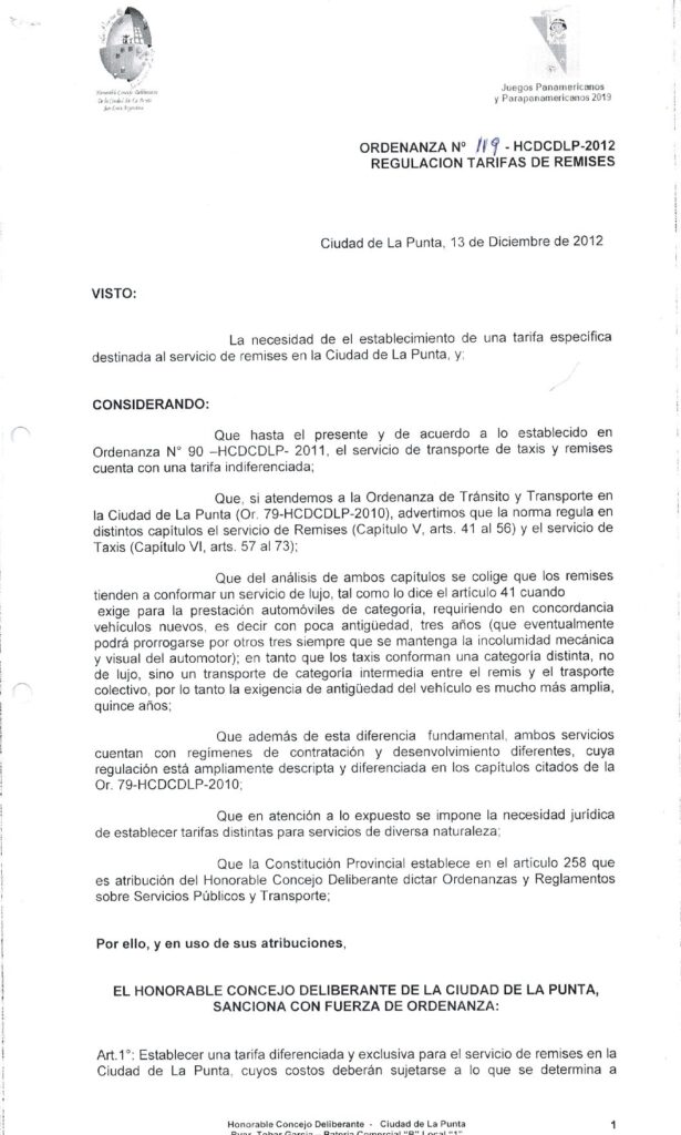 thumbnail of ORDENANZA N°119-NO VIGENTE-HCDCDLP-2012 REGULACION TARIFA DE REMISES