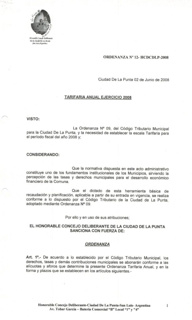 thumbnail of ORDENANZA N°12 -NO VIGENTE-HCDCDLP-2008 TARIFARIA EJERCICIO FISCAL 2008