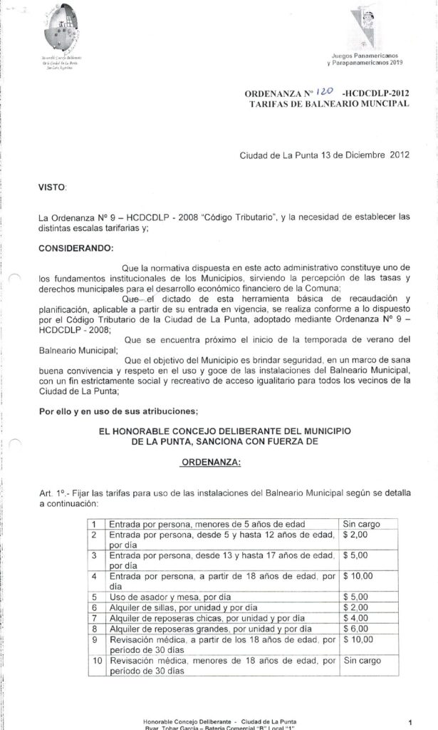 thumbnail of ORDENANZA N°120-VIGENTE-HCDCDLP-2012- TARIFAS DE BALNEARIO MUNICIPAL