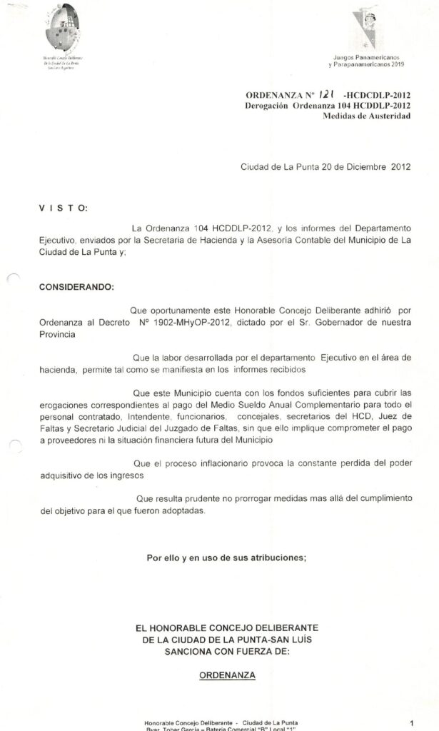 thumbnail of ORDENANZA N°121-VIGENTE-HCDCDLP-2012- DEROGACION ORDENANZA 104 HCDCDLP-2012 MEDIDAS DE AUSTERIDAD
