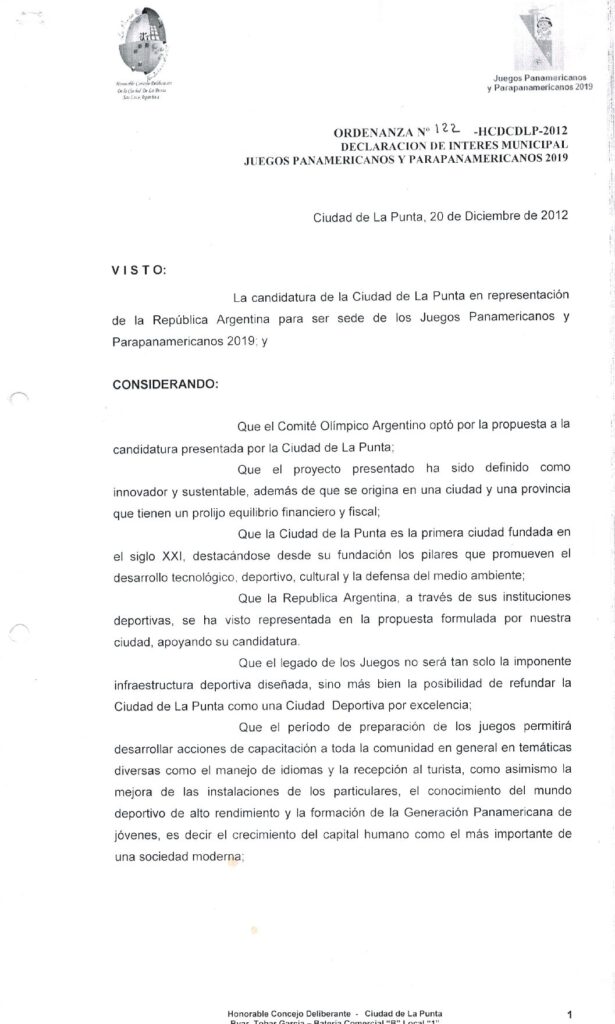 thumbnail of ORDENANZA N°122-VIGENTE-HCDCDLP-2012- DECLARACION DE INTERES MUNICIPAL JUEGOS PANAMERICANOS Y PARAPANAMERICANOS 2019