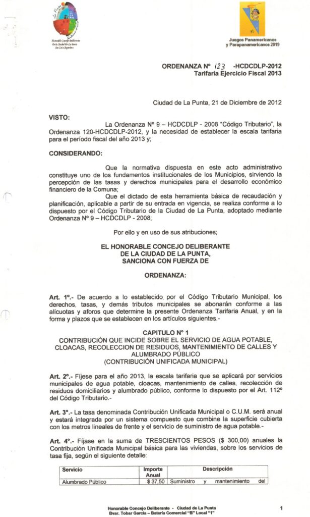 thumbnail of ORDENANZA N°123-NO VIGENTE-HCDCDLP-2012-TARIFARIA EJERCICIO FISCAL 2013