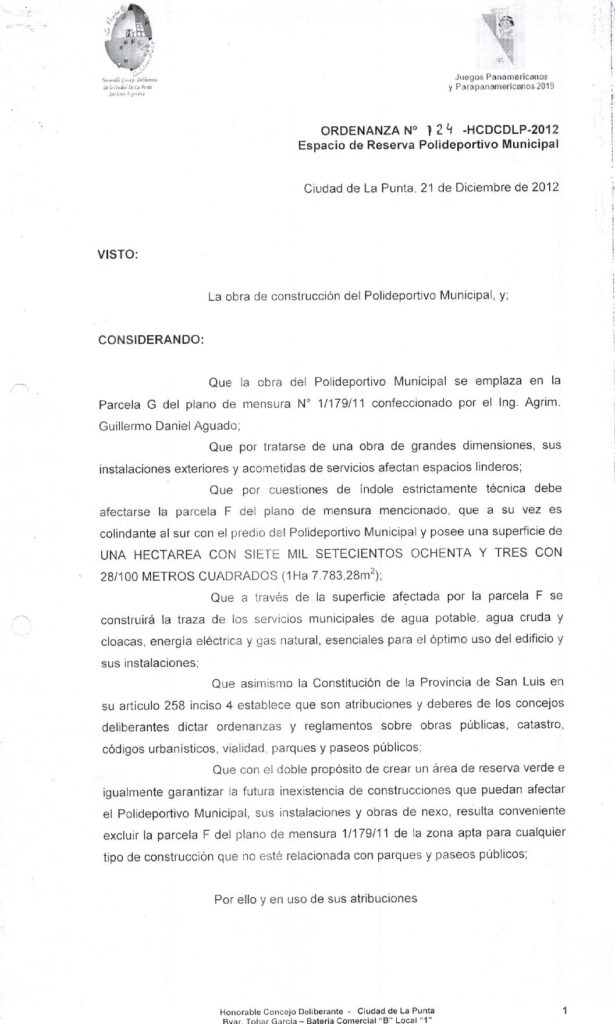 thumbnail of ORDENANZA N°124-VIGENTE-HCDCDLP-2012- ESPACIO DE RESERVA POLIDEPORTIVO MUNICIPAL