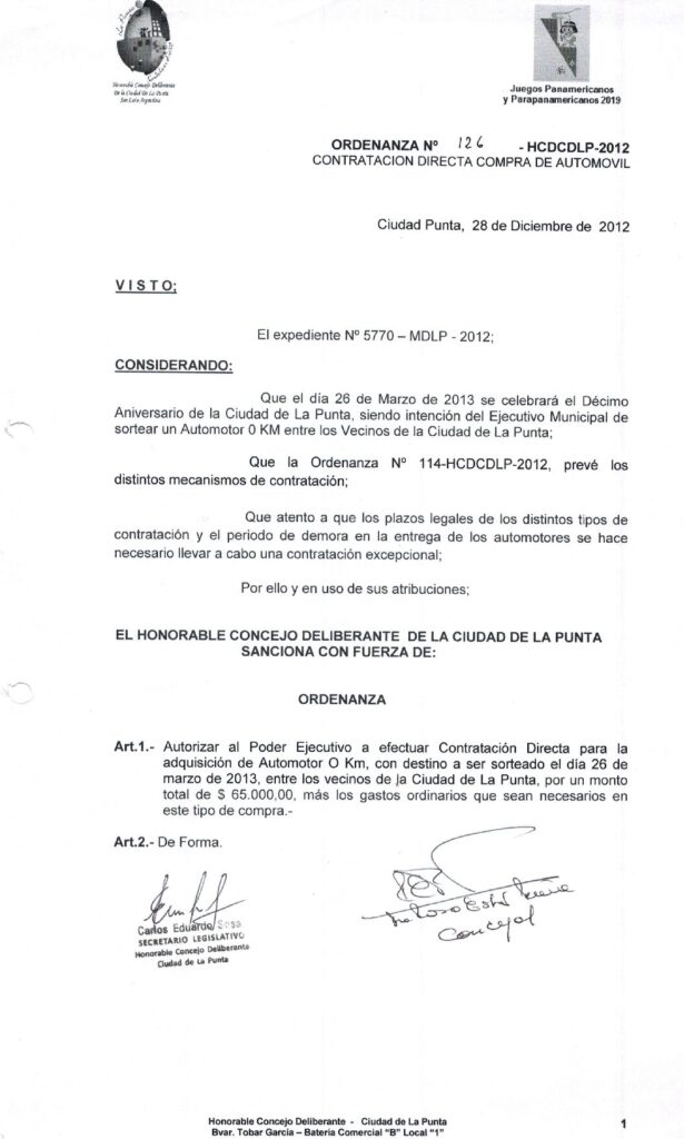 thumbnail of ORDENANZA N°126-NO VIGENTE-HCDCDLP-2012- CONTRATACION DIRECTA COMPRA DE AUTOMOVIL