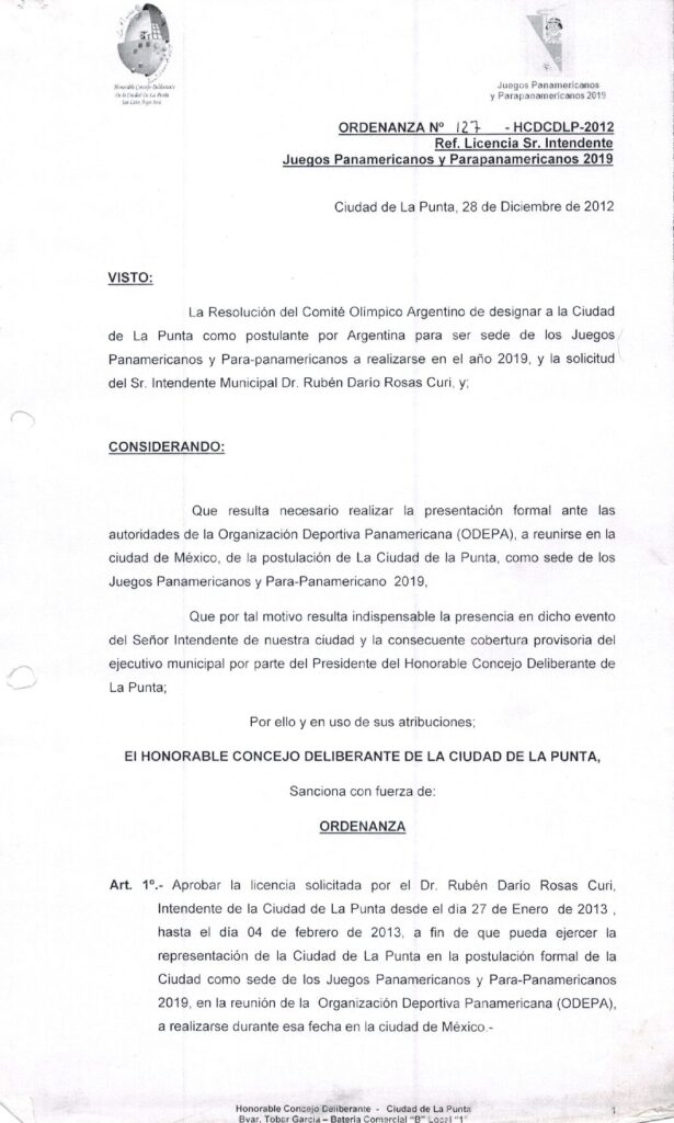 thumbnail of ORDENANZA N°127-NO VIGENTE-HCDCDLP-2012- Ref.LICENCIA Sr. INTENDENTE JUEGOS PANAMERICANOS Y PARAPANAMERICANOS 2019